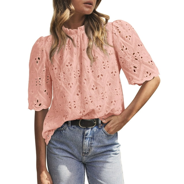 Blusa Prettygarden de verano bordada con ojales para mujer, color rosa