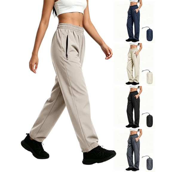 HomeDM Women's Hiking Pants with Pockets Packable Outdoor Waterproof Rain Pants Khaki Elastic Waist Travel Pants Size L