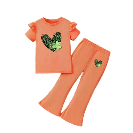 Wxirdiow Summer Outfits for Girls Toddler Baby Girl St Patricks Day Outfit Embroidered Short Sleeve Top Flared Pants 2Pcs Set Orange Size 6-7 Years