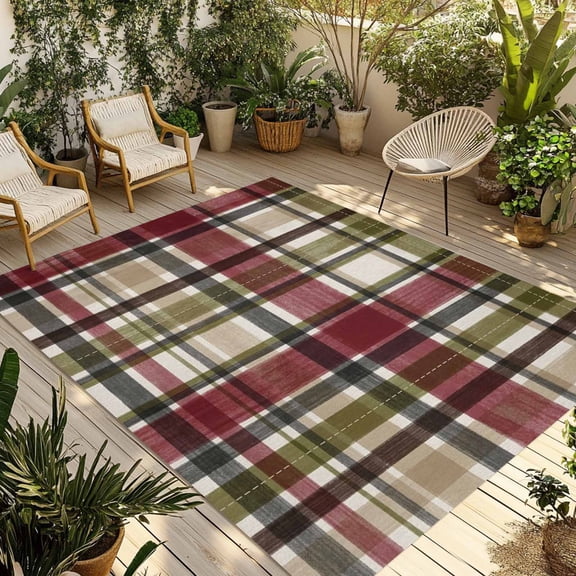 Buffalo Check Outdoor Rug for Patio/Deck/Porch, Non-Slip Large Area Rug 4 x 6 Ft, Red Green Farmhouse Plaid Vintage Autumn Indoor Outdoor Rugs Washable Area Rugs, Reversible Camping Rug Carpet Runner