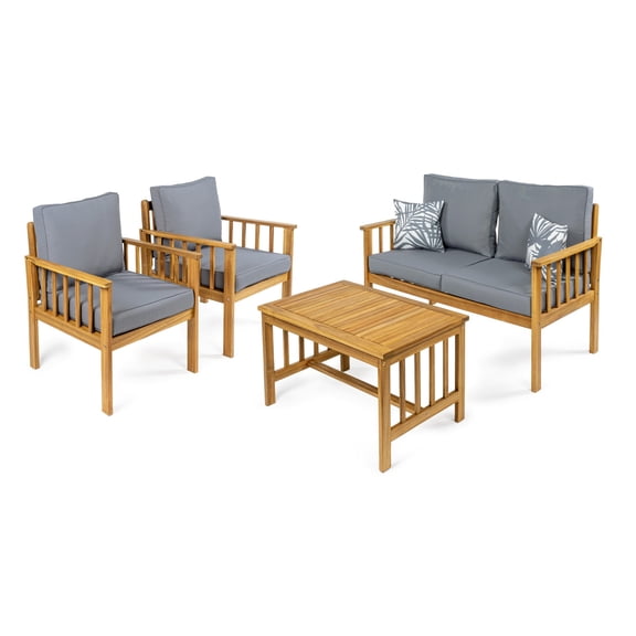 Everly 4-Piece Modern Cottage Acacia Wood Outdoor Patio Set with Cushions and Tropical Decorative Pillows, Gray/Teak Brown