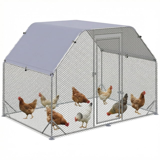 PawHut Metal Chicken Coop for 4-6 Chickens, Walk In Chicken Run with Roof