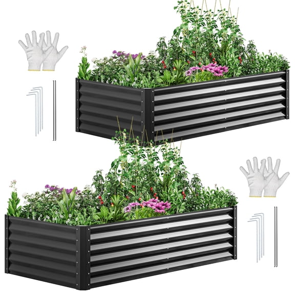 Dextrus 6x3x1.5ft Large Raised Garden Bed Kit, Galvanized Metal Planters w/ Accessories & Gloves, 2Pcs, Black