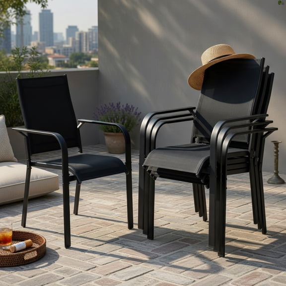 Hommoo Stackable Outdoor Dining Chairs Set of 4, Heavy-Duty Metal Frame Patio Chairs with Breathable Mesh Back, Black