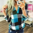 thumbnail image 2 of LISTHA Plaid Shirts for Women Trendy V Neck Cotton Cuffed Tops Casual Long Sleeve Blouses Fashion Work Tops Sky Blue L, 2 of 9