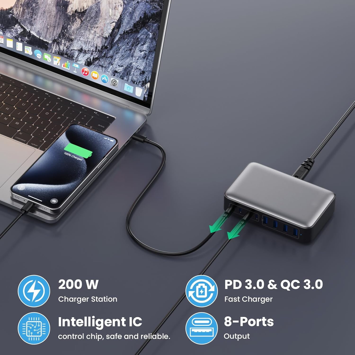 USB-C Charger 200W Charging Block, Upgraded GaN III 8-Port Fast Charging Station Hub, PD 65W Laptop Charging Adapter, Compatible with MacBook Pro/Air, DELL, Steam Deck, iPhone 16/15/14, Galaxy S23/22