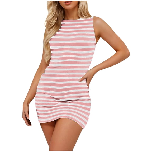 Sexlip Womens Sleeveless Striped Mini Dress V Neck Design Stretchy Fabric Relaxed Silhouette for Casual Outings Pink XL