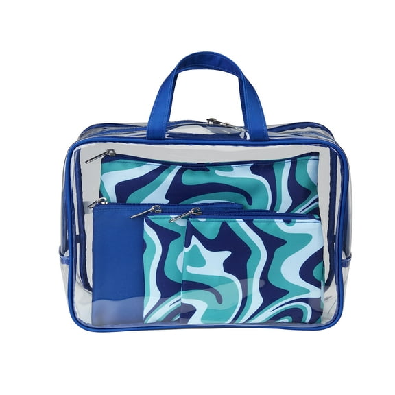 Conair 5 Piece Toiletry and Cosmetic Bag Set Under $30, Includes 1 Large Weekender Bag and 4 Organizer Bags in Blue Swirl Prints