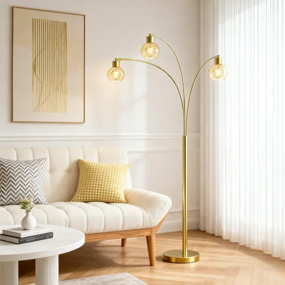 72.8in 3-Light Arc Floor Lamp Brushed Gold , Modern Industrial Standing Tree Lamp for Living Room Bedroom Office Decor