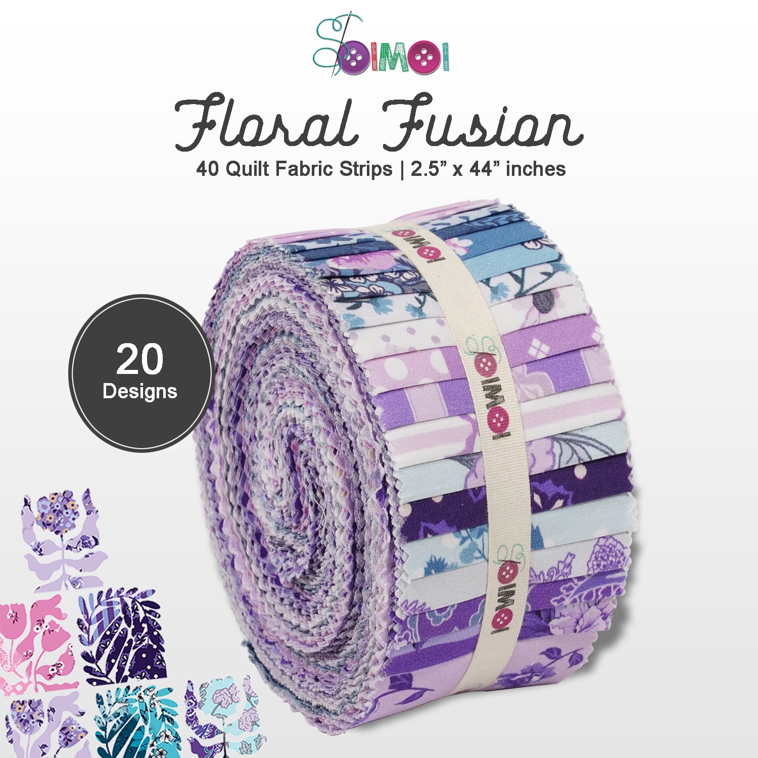 Jelly Roll 40 Strip Assorted Bundle, Fabric Strips for Quilting, Crafting, and Sewing, 100% Cotton 2.5" Fabric Jelly Roll Bundle For Scrapbooking, Precut Quilt Projects, DIY Crafts - Floral Fusion
