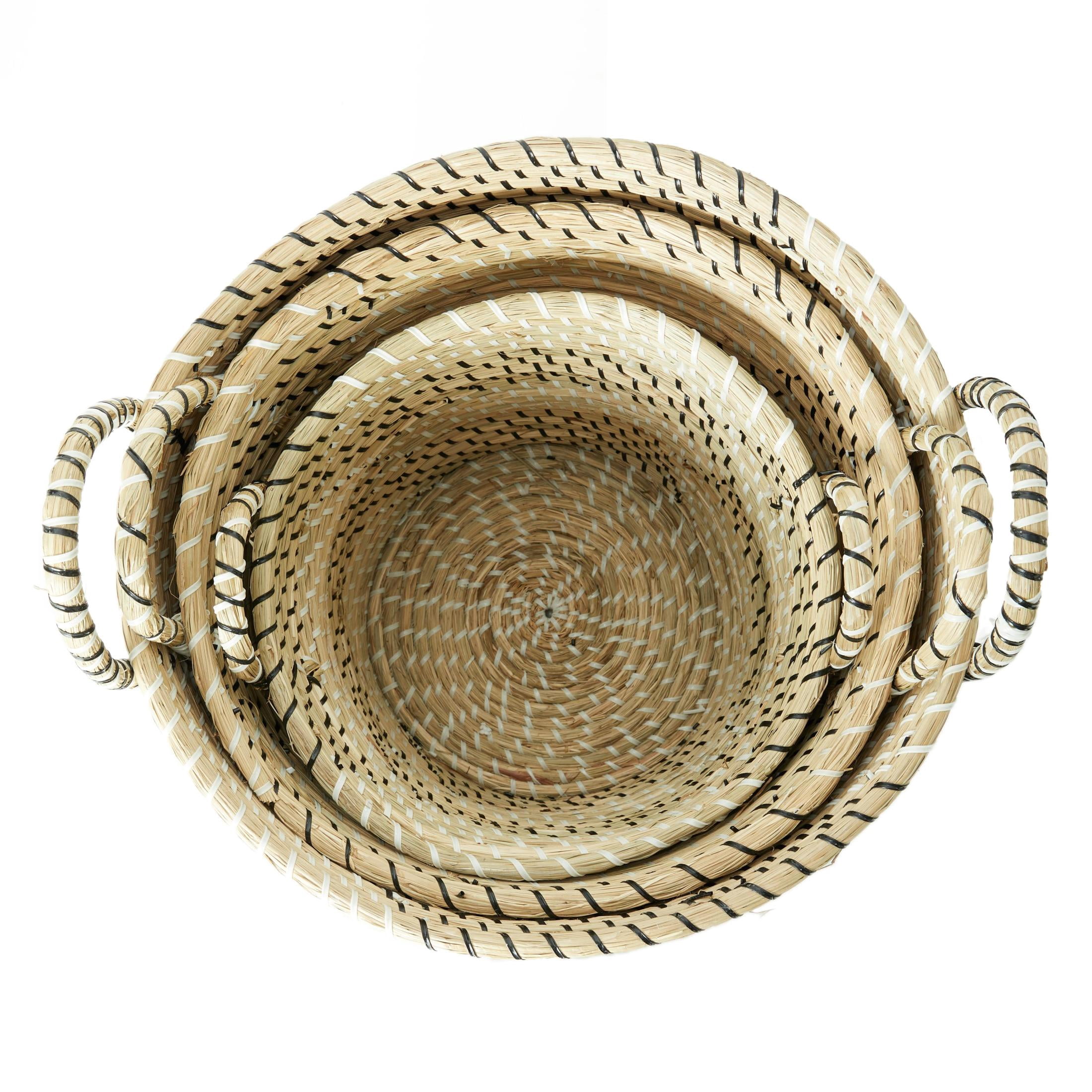 DecMode 14", 17", 19"H Beige Seagrass Handmade Woven Storage Basket with Black and White Zig Zag Pattern, 3-Pieces