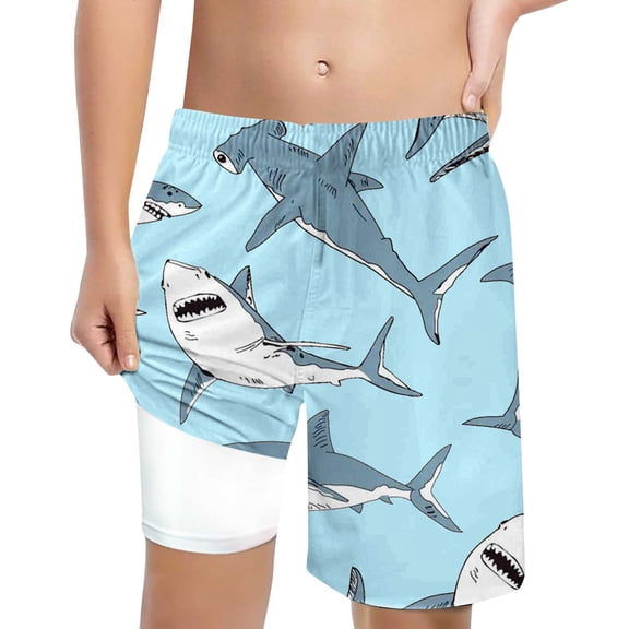 CUZIBR Toddler Kids Boys Swim Trunks Funny Cartoon Animal Print Graphic Wide Leg Drawstring Elastic Waist With Liner Summer Beach Shorts Swimwear For Youth Beachwear,Light Blue,5-6 Years