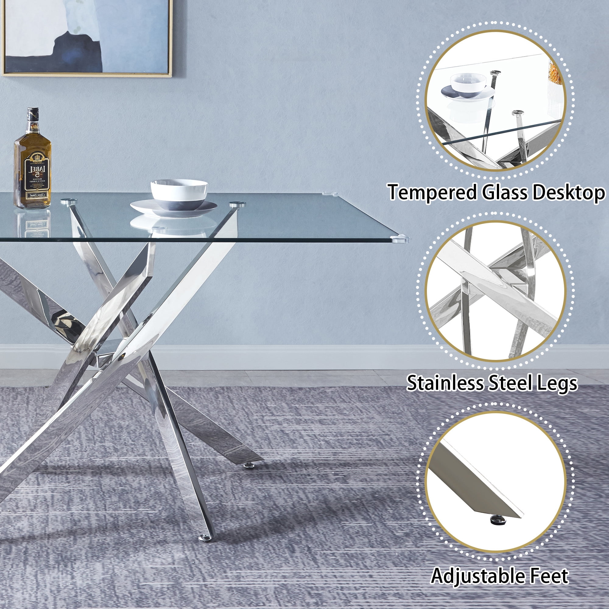 63" Rectangular Glass Dining Table, Modern Clear Tempered Glass Top with Silver Stainless Steel Cross-Legged Base, for Kitchen, Apartment, Living Room
