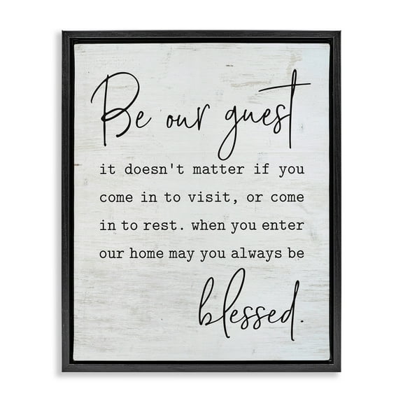 Stupell Industries Be Our Guest Home Family Inspirational Word On Wood Texture Design Jet Black Framed Floating Canvas Wall Art, 24x30, by Lettered and Lined