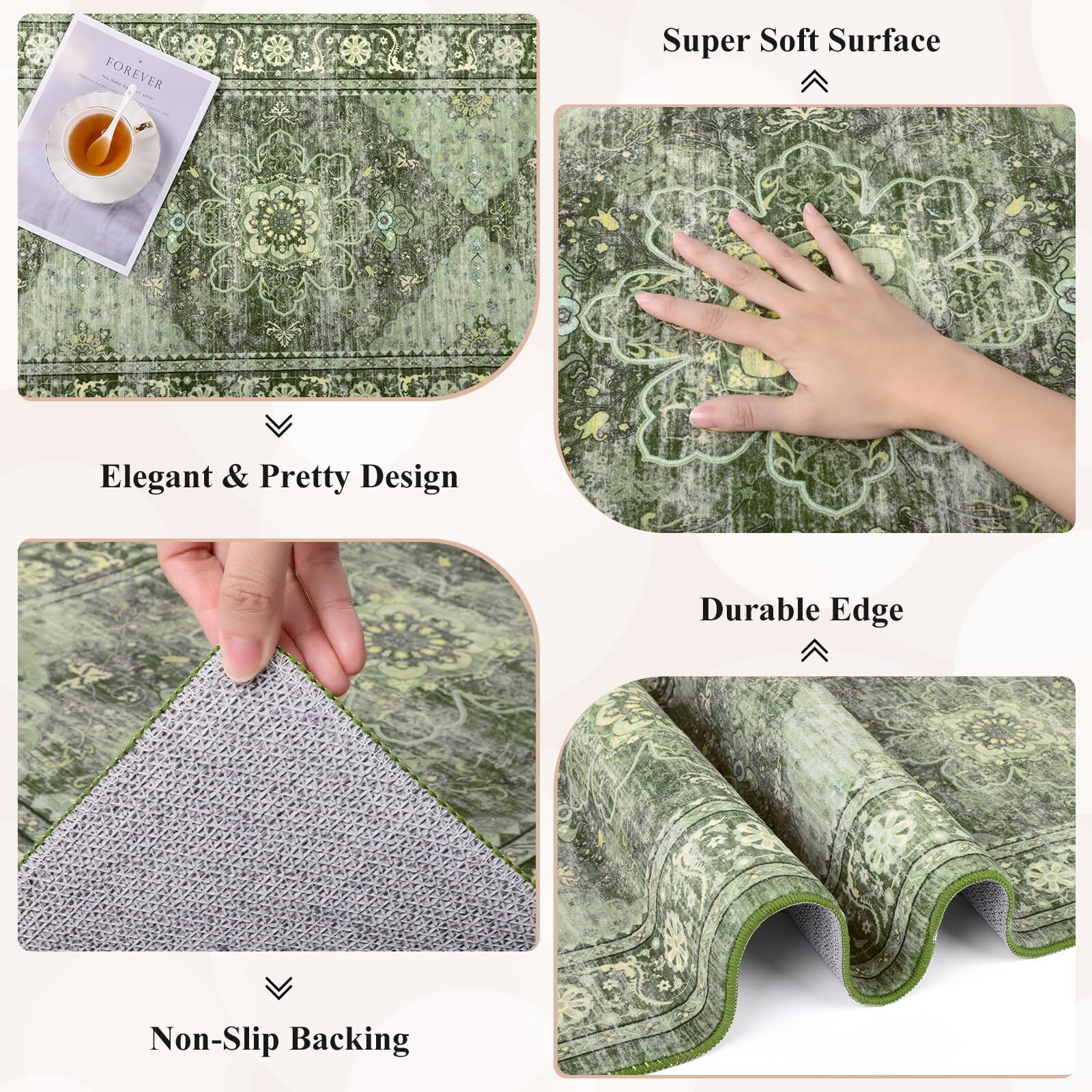 Findosom 2'x6' Runner Rugs for Hallway Machine Washable Runners Rug,Vintage Runner Rug Non Slip Kitchen Runner Rug Medallion Carpet Runner for Bedroom Laundry Entrance,Green