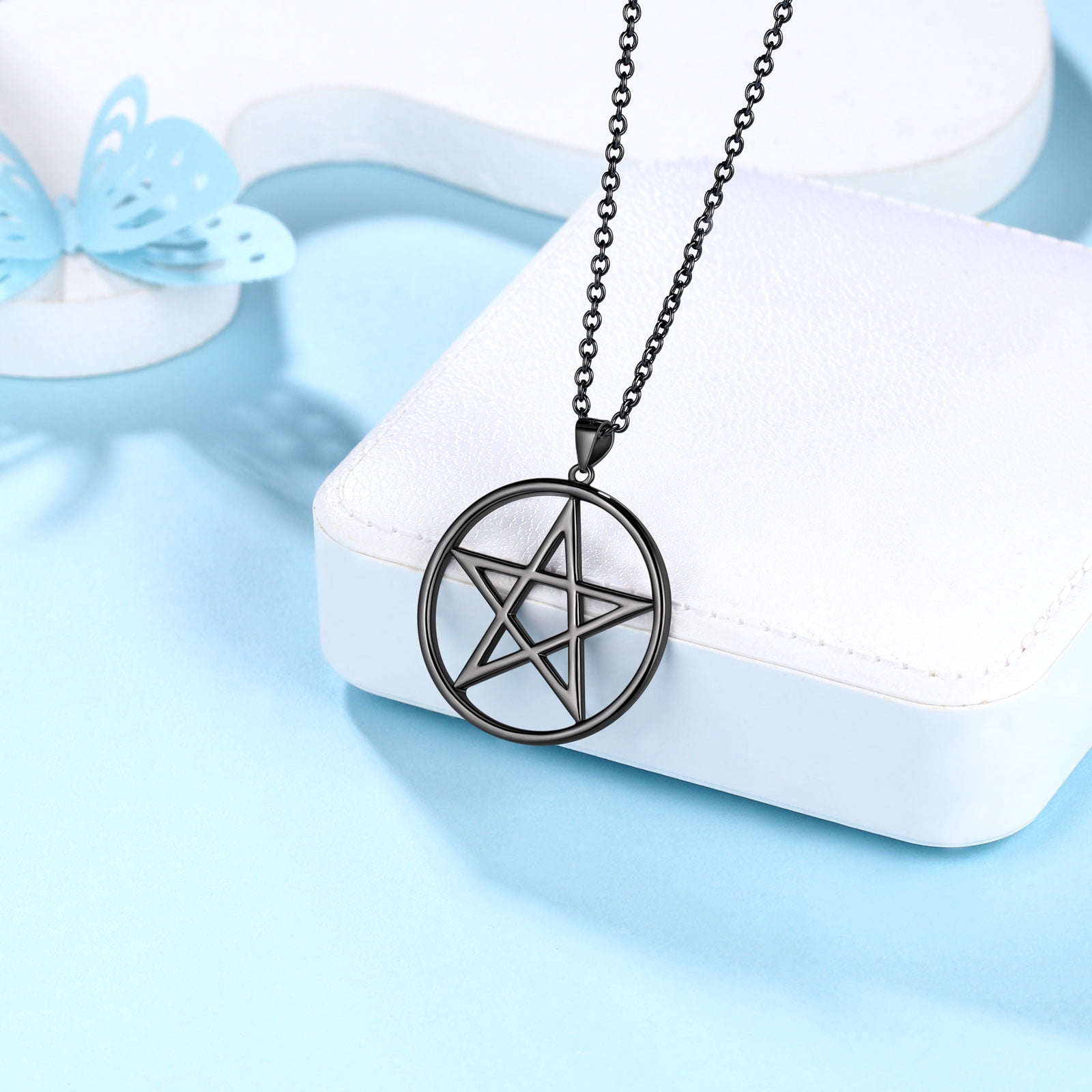 Hipunk 925 Sterling Silver Pentagram Necklace for Men Women Star Pendant Black Pentacle Necklace Wicca Pagan Jewelry Father's Day Gifts