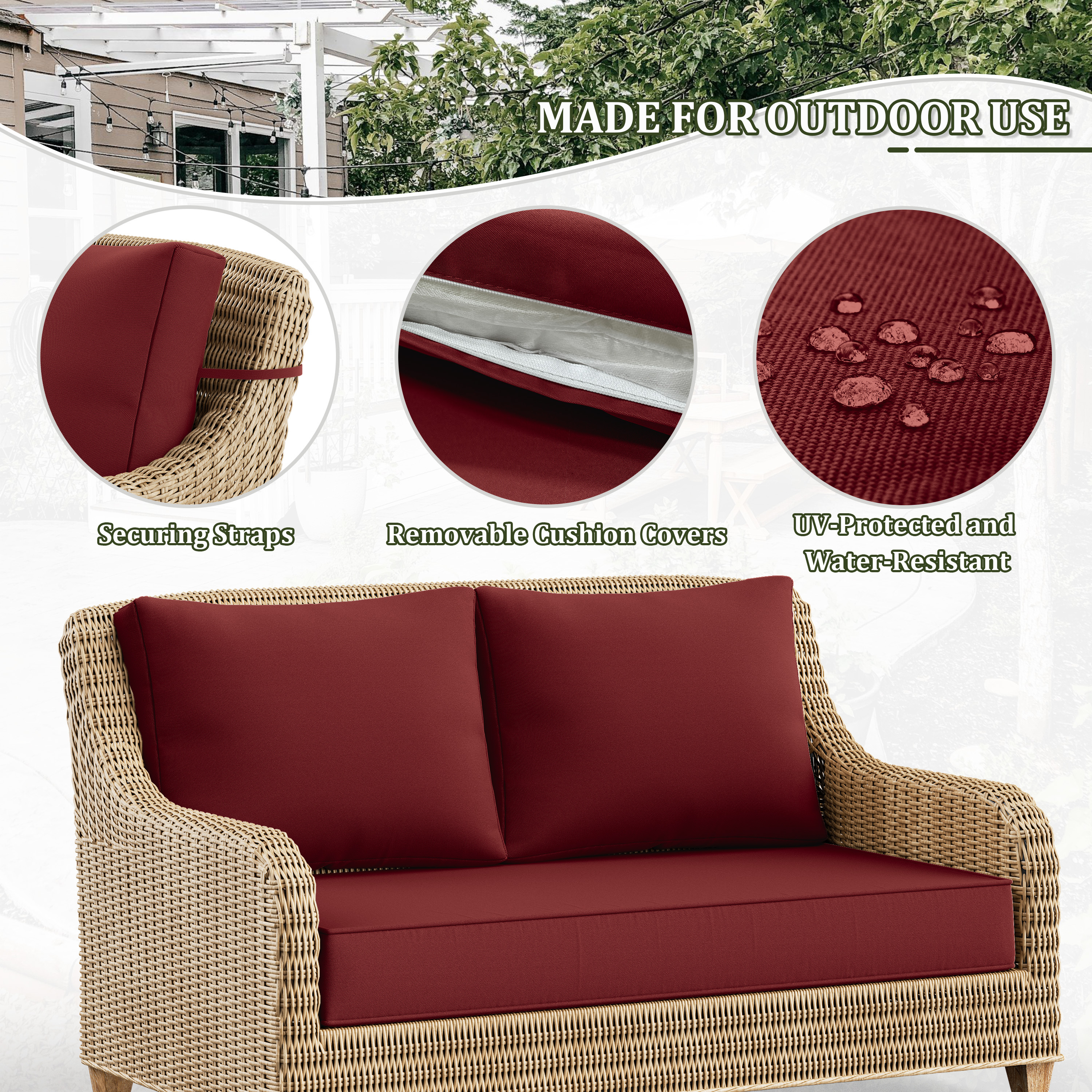 Pakunoda Outdoor Loveseat Cushion Set 46 x 26 Inch, Water Repellent, Fade Resistant, Patio Loveseat Replacement Cushions for Couch Bench and Swing, Burgundy