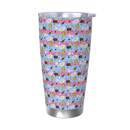 

Zeuib Bees And Daisies Striped Printed 20oz Stainless Steel Insulated Car Cup Stainless Steel Thermal Cup Vacuum Insulated Leak-proof Travel Mug Cup-Without Straw