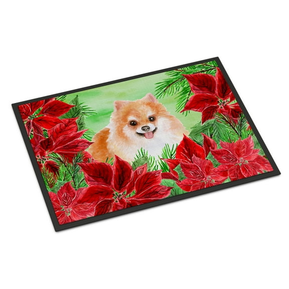 Carolines Treasures CK1363MAT Pomeranian 2 Poinsettas Door Mat Indoor Rug or Outdoor Welcome Mat 18x27 Doormat  27"L x