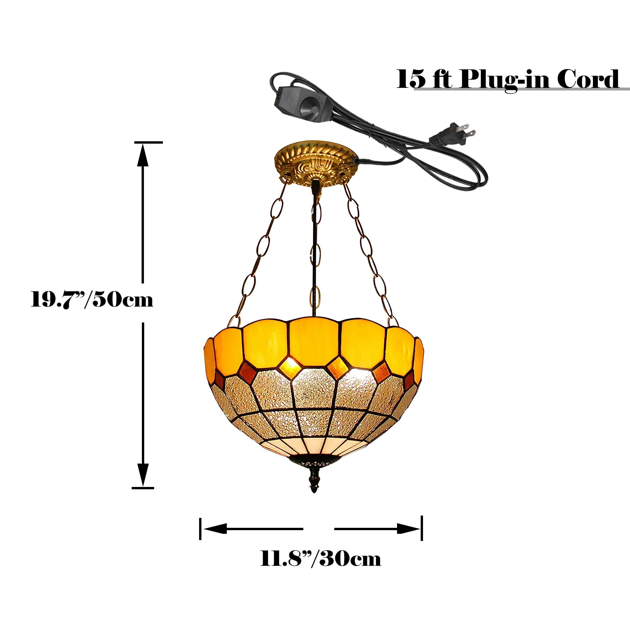 Kiven 11.8in Flush Mount Ceiling Light Fixture Dimmable, 3-Light Anti Glare Close to Ceiling Light with 15FT Plug-in Cord, Tiffany-Style Glass Chandelier for Bedroom Kitchen Hallway(No.3226-Y)