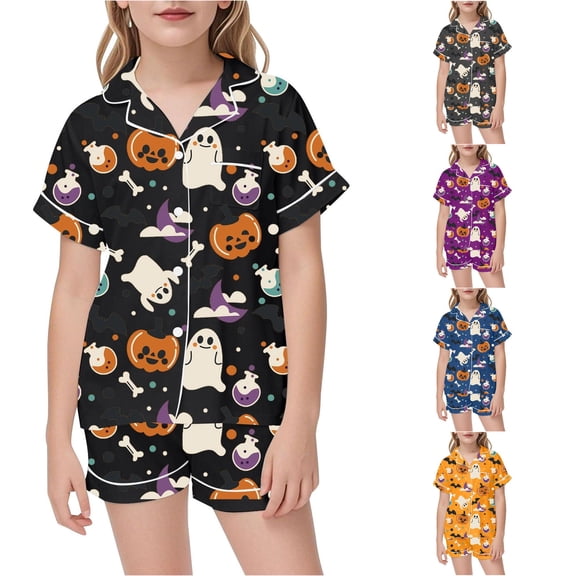 RUTAYY Girls Pajama Set Short Sleeve Turndown Collar Shorts Halloween Pumpkin Ghost Bat Print Button Front with Pocket Kids Sleep Outfit Black