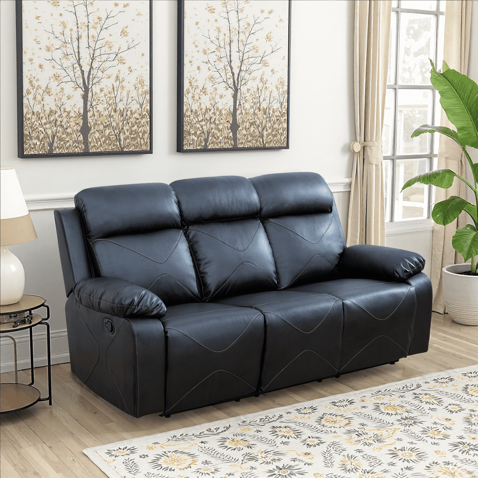 MAYEERTY 85" Modern Upholstered Breathing Leather Sofa - For Living Room, Black