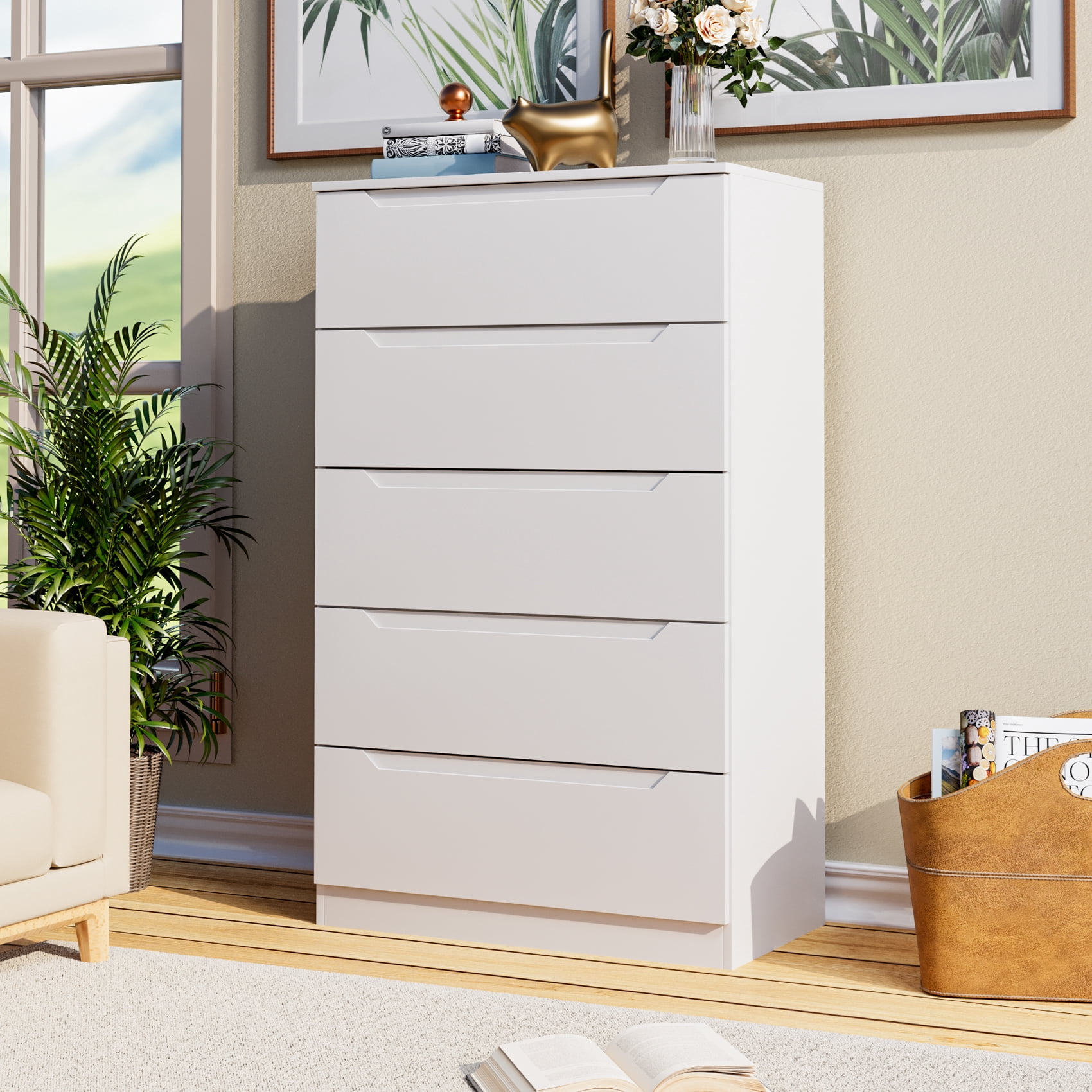 Winkalon Vertical 5 Drawer Dresser, Wood Storage Cabinet with Upgraded Stable Base for Bedroom Living Room, White