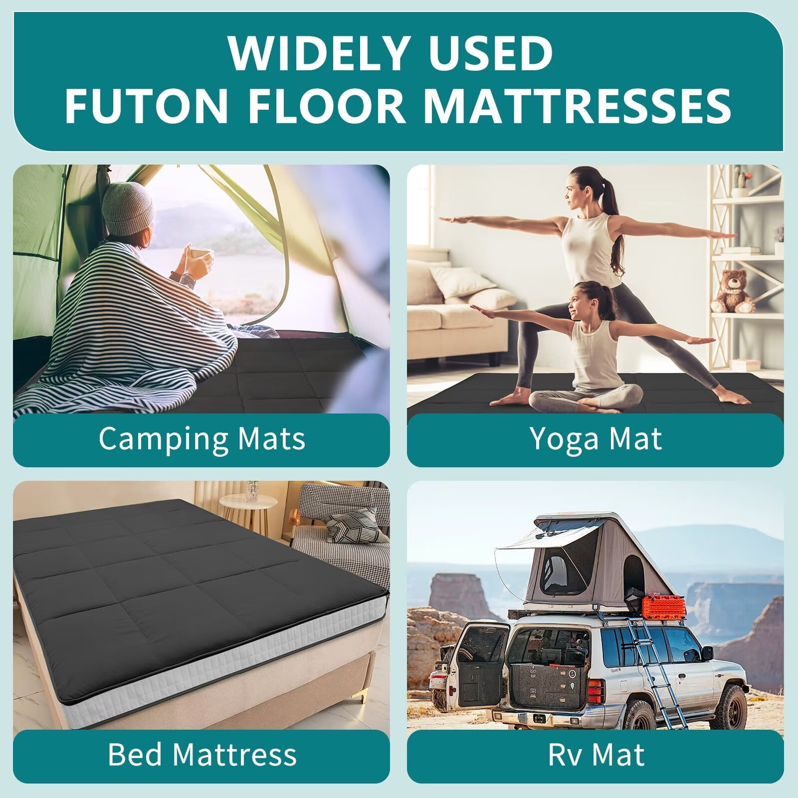 MOPHOTO Upgraded Extra Thick Japanese Futon Mattress, Floor Mattress with Storage Bag, Roll Up Mattress Tatami Mat, Folding Sleeping Padded Futon Mattress Portable Camping Mattress, Black, Queen