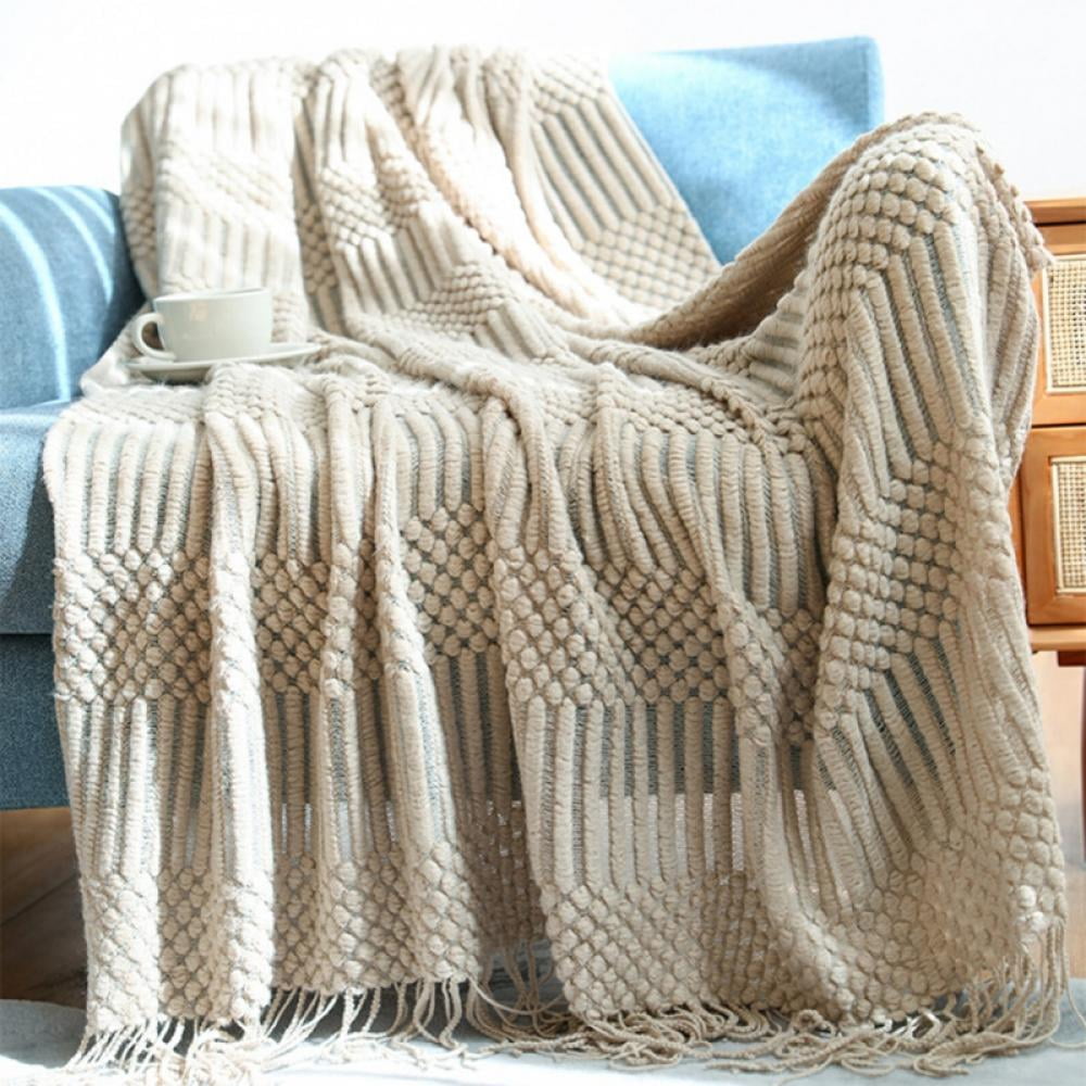 Throw Blanket Solid Textured with Tassels for Couch Knit Woven Throw Blankets Super Soft Cozy Lightweight Decorative Throw for Sofa Bed Office 50 x 60