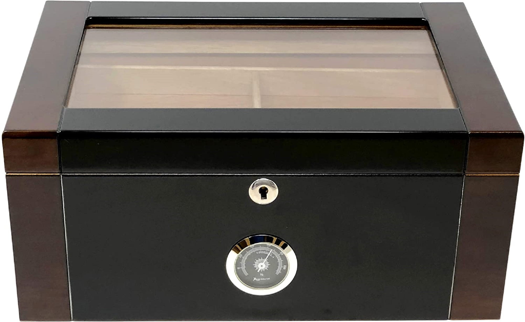 Berkeley 2 Glass Top Two-Tone Cigar Humidor w/External Hygrometer - Dark Mahogany & Black Lacquer Finish - Capacity: 100