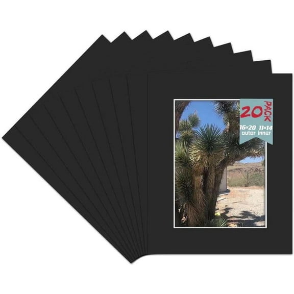 A PLUS MAX 16x20 Black Picture Mats with White Core Bevel Cut for 11x14 Pictures, Pack of 20
