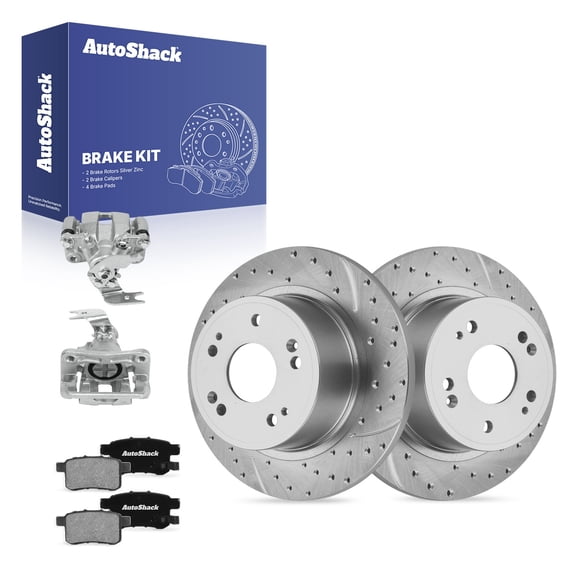 AutoShack Rear Solid Drilled & Slotted Silver Zinc Coated Brake Rotors   Ceramic Pads   Calipers 8-PC Brake Kit Replacement for 2013-2017 Honda Accord SilverShield Pro 11.1" (282 mm)