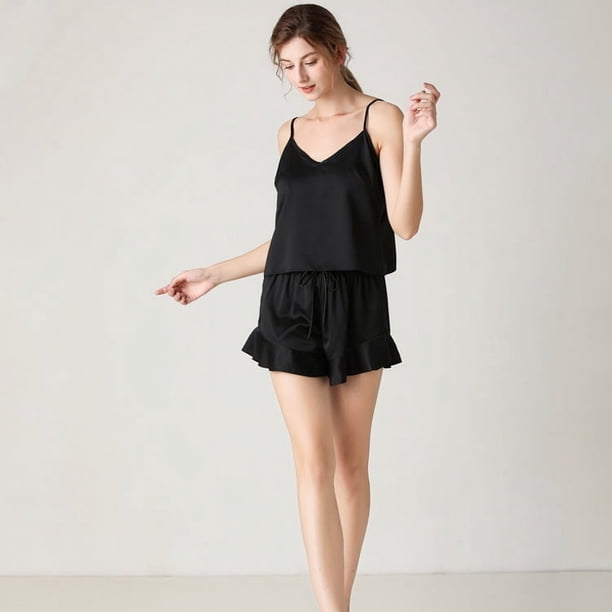Pijama de seda para mujer, pantalones cortos con escote en V y tirantes de seda, conjunto de ropa de casa de dos piezas de moda sexy