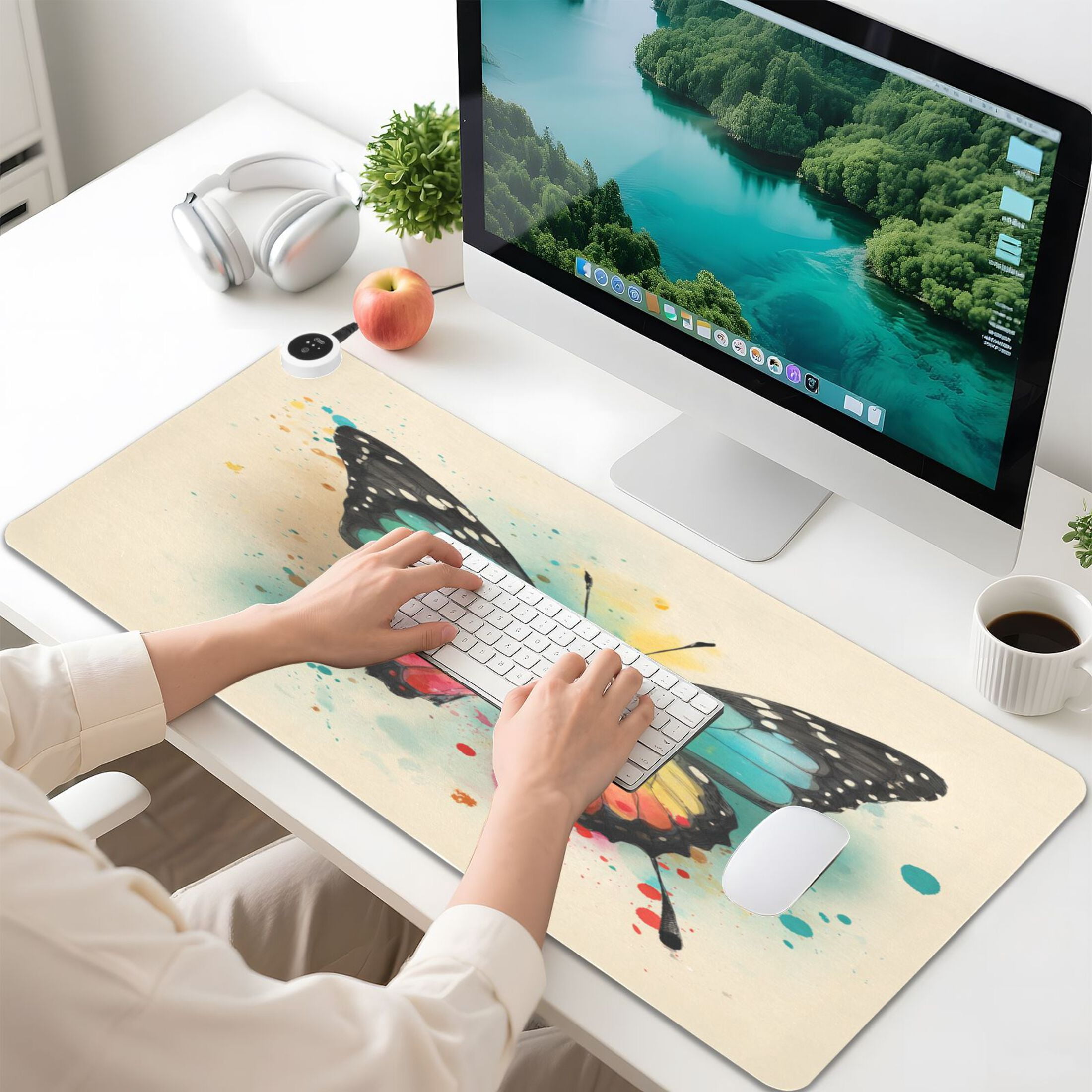 Large Heated Desk Mat Mouse Pad 31.5"x13"PU Leather Graphene Heating Desk Warmer with 3 Temperature Settings 110V US Plug Non-Slip Warm Pad for Home, Office, and Gaming Warm Gradient Butterfly Art