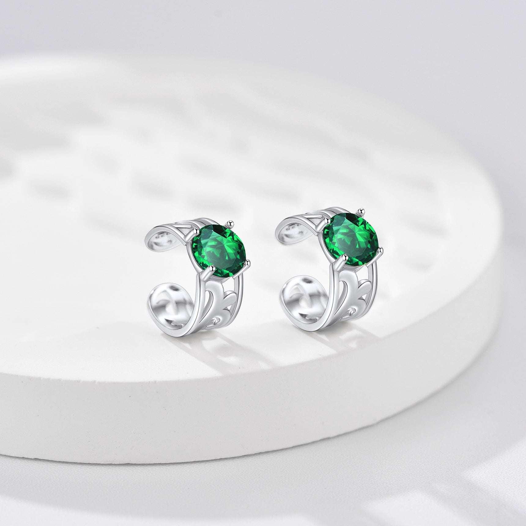 Bestyle Sterling Silver Ear Cuff Birthstone Earrings, May Emerald Clip On Cartilage Earrings for Women Christams Jewelry Gifts