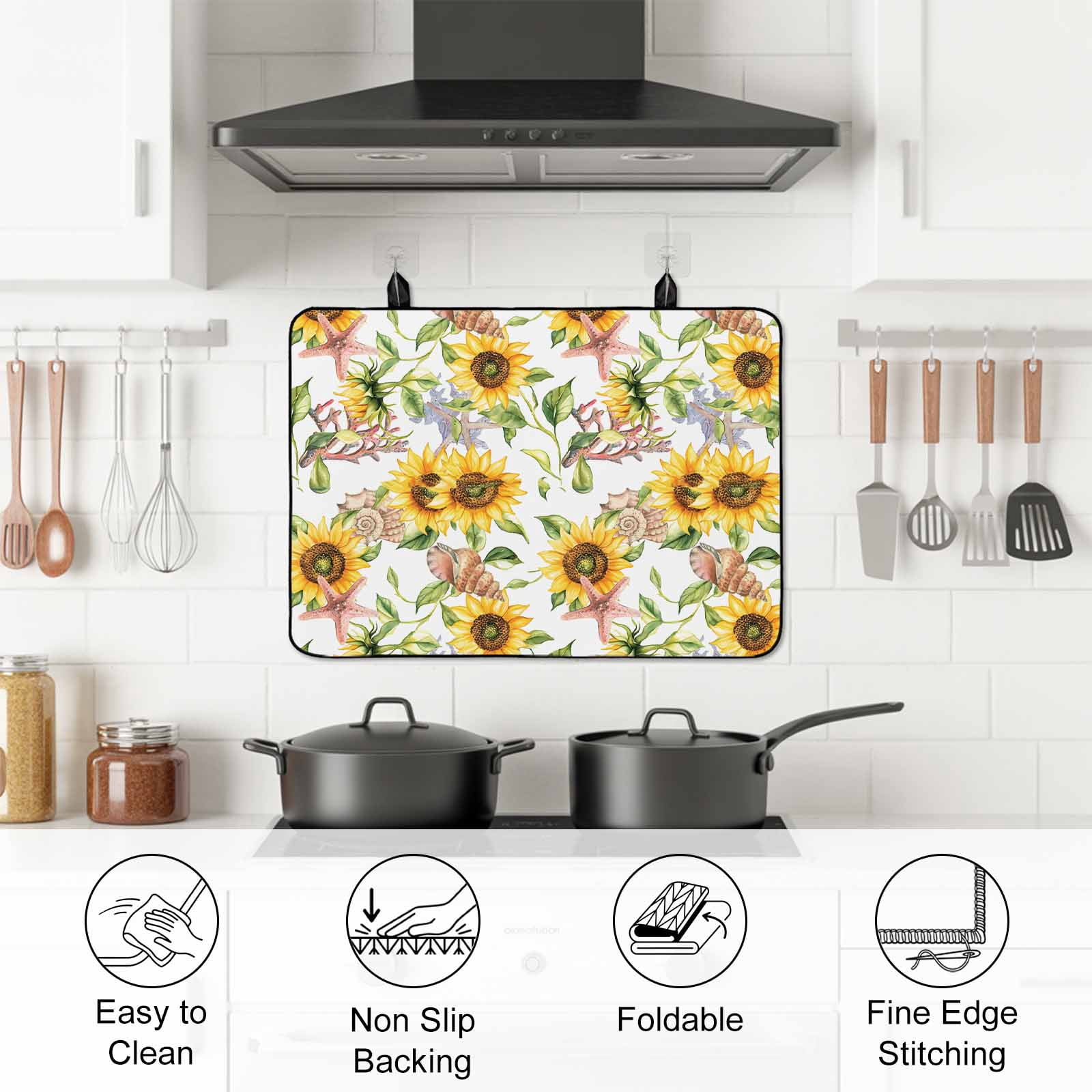 Sunflower Coastal Stove Top Cover for Electric Stove, Heat-proof & Non Slip Glass Top Stove Cover Protector, Summer Botanical Starfish Coral Kitchen Flat Cooktop Rubber Mat 24x21 Inches