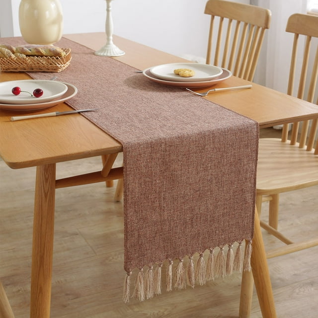 Nvzi Camino de mesa con borlas, marrón, 33x122cm - Camino de mesa de poliéster, camino de mesa fino, camino de mesa rústico, camino de mesa decorativo para el hogar