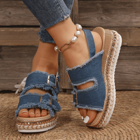 

DONGGTG Stylish Women‘s Denim Wedge Sandals with Fashionable Peep Toe and Buckle Strap Comfortable Platform Shoes for All-Match Summer Outdoor Looks