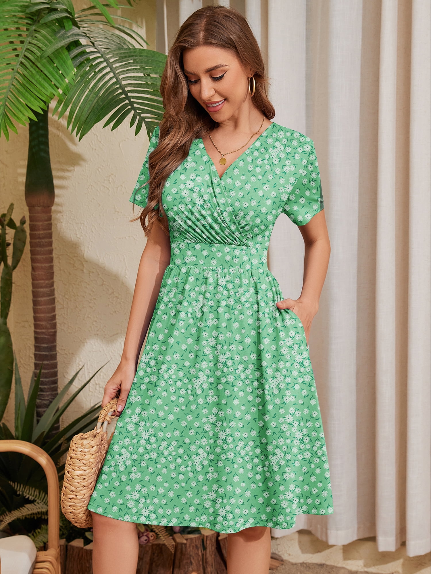 Okinawa Prefecture Wrap Dress Reformation Green Floral Dress Women's  Elegant V-Neck Floral Print Dress High
