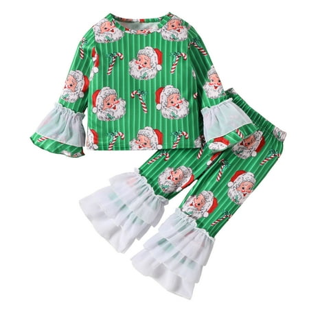 

Toddler Girl Christmas Outfit Toddler Long Sleeve Striped Santa Prints Tops Lace Bell Bottoms Pants Outfits(Size:2-3 Years)