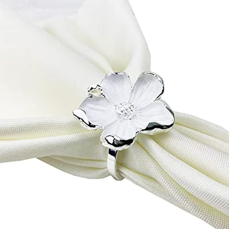 

Fennco Styles Enameled Anemone Metal Napkin Rings Set of 4 - Silver & White Flower Napkin Holders for Home Dining Table Christmas Décor Holiday Family Gathering and Special Occasion