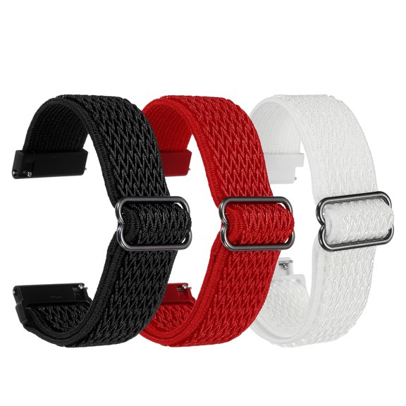 Uxcell 3 Pcs Nylon Elastic Braided Watch Strap 24mm Stretchy Solo Loop Watch Bands Adjustable Quick Release Replacement Wristbands with Slide Buckle for Women Men, Red/Black/White