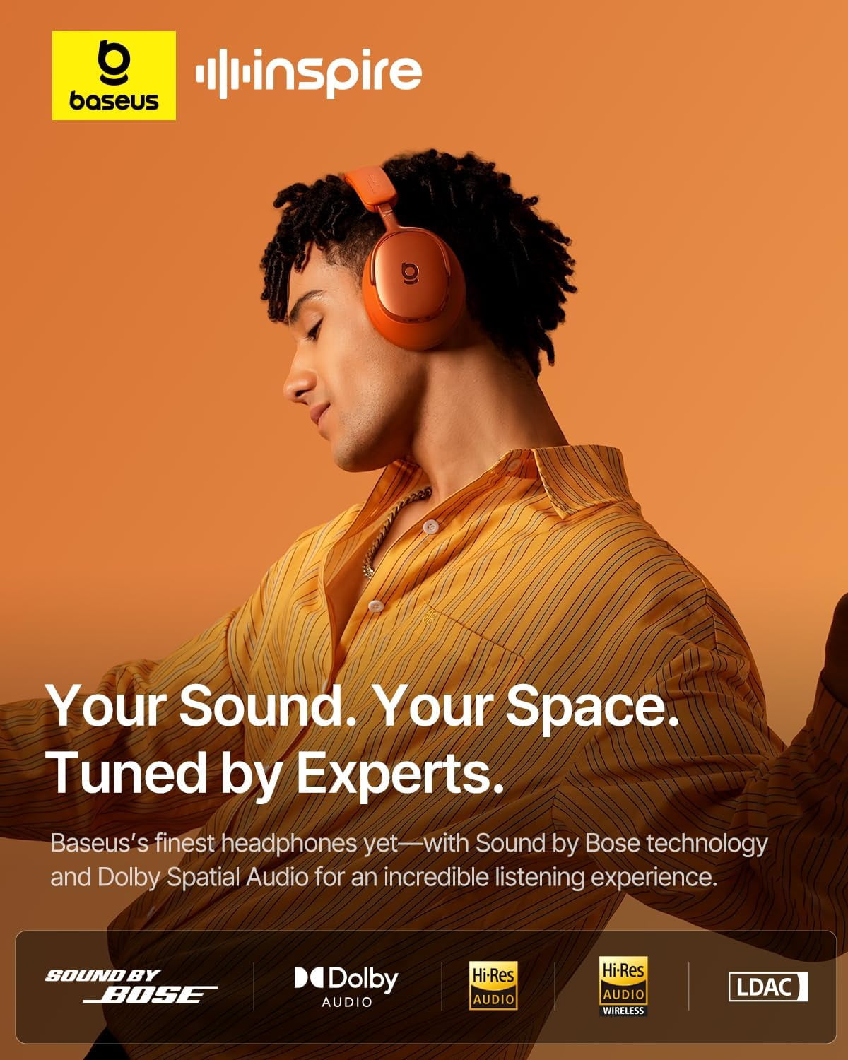 Baseus Inspire XH1 Adaptive Noise Cancelling Headphones, Hi-Res Audio, 100H Playtime, Over-Ear Wireless Bluetooth Headset for Commute, Travel & Calls, Cosmic Sunset