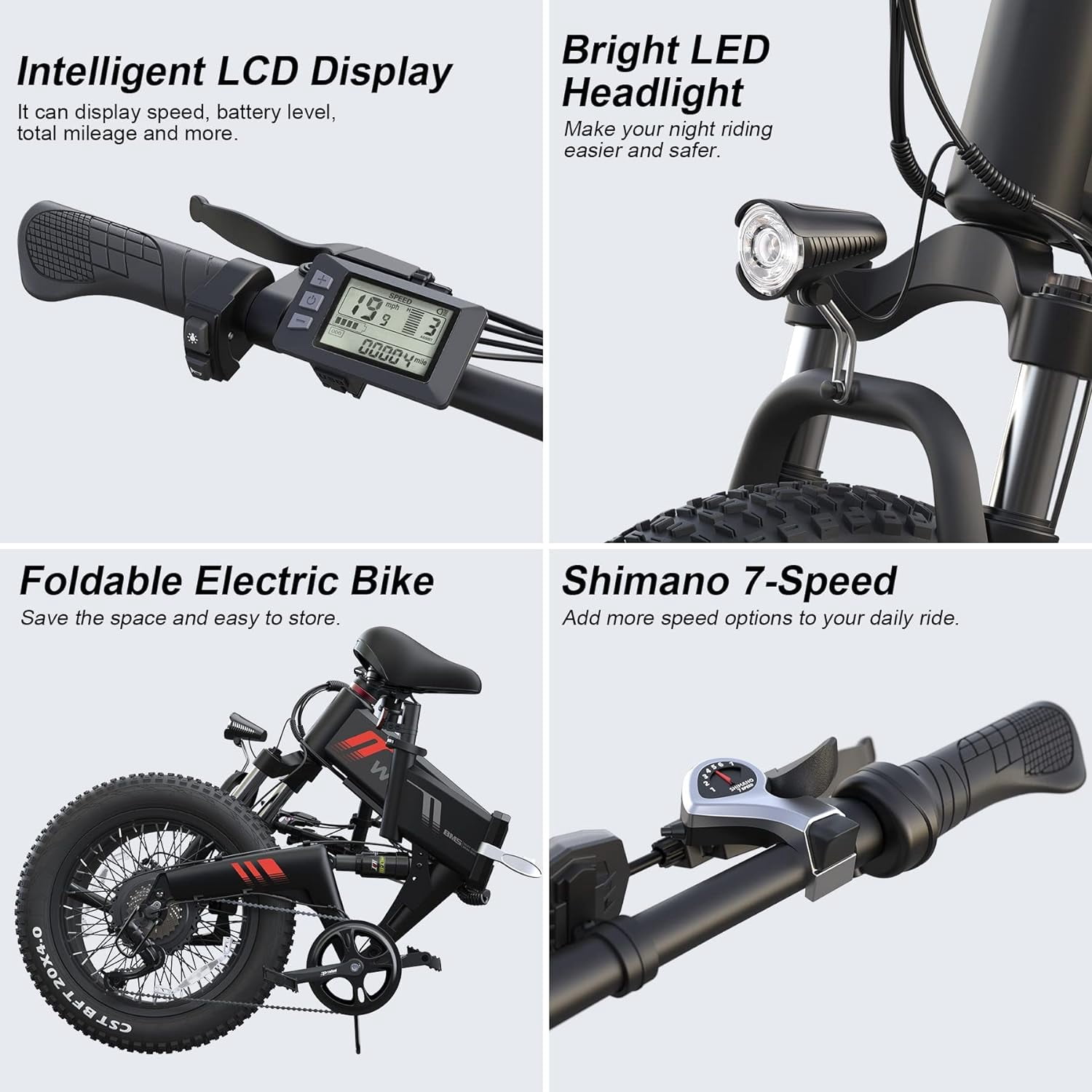 Wooken 20"X4.0 Fat Tire Electric Bike for Adults, 500W Foldable Electric Bicycle with 48V 10Ah Built-in Battery, Shimano 7 Speed, Dual Shock Absorber