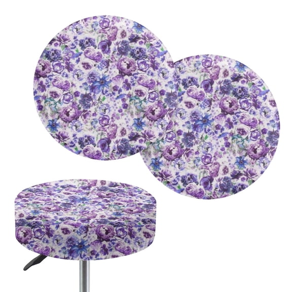 Chririnla Purple Floral Round Bar Stool Seat Covers, 2 Pack Polyester Soft Elastic Washable Slipcovers for Dining Room and Coffee Shop