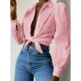 thumbnail image 4 of Womens Long Puff Sleeve Blouse V Neck Buttons Hollow Out Lace Embroidered Blouses Shirts Pink L, 4 of 7