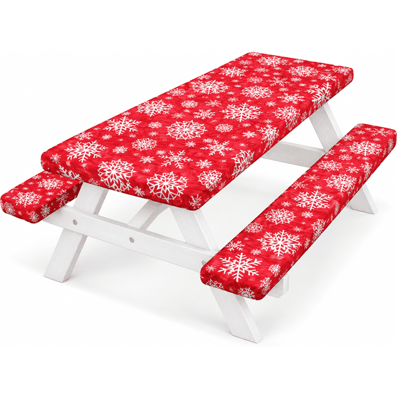 Kidsjoy 6FT Christmas Picnic Table Cover with Bench Covers Set of 3, Snowflake Pattern, 72"x30" Waterproof Holiday Tablecloth & Bench Seat Covers for Outdoor Dining, Camping & Party Decor