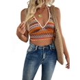 thumbnail image 2 of Knitted Camisoles for Women Summer Halter V Neck Striped Casual Sleeveless Beach Vacation Crop Tank Tops Orange Color XL, 2 of 7