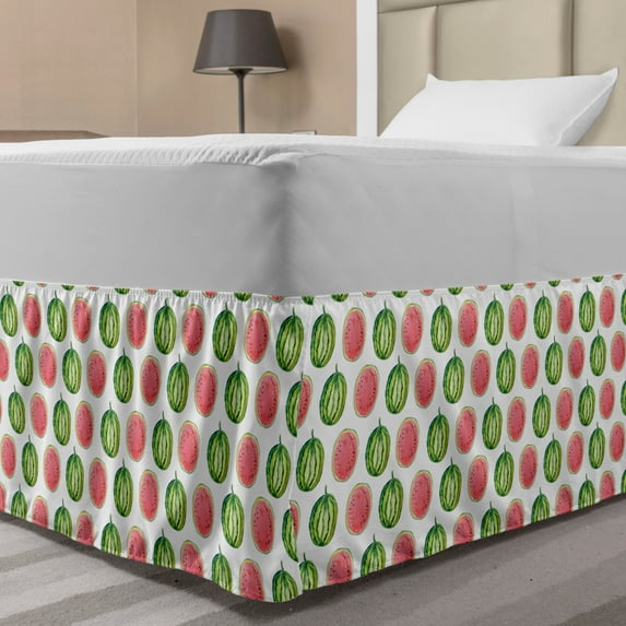Watermelon Bed Skirt, Watercolor Style Tropical Fruit Pattern Cut in Half Fresh Summer Taste, Elastic Bedskirt Dust Ruffle Wrap Around for Bedding Decor, 4 Sizes, Green Coral White, by Ambesonne
