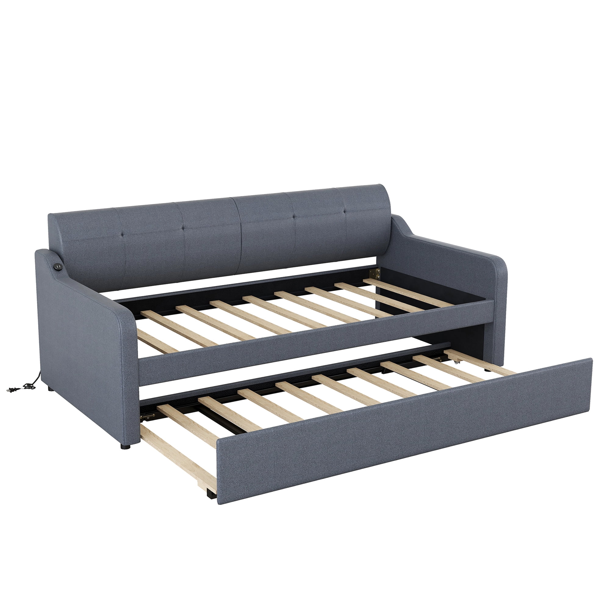 EUROCO Wood Twin Size Daybed with Trundle, Solid Wood Sofa Bed with USB Charging for Kids Teens Adults, Gray